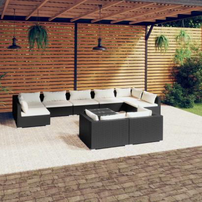 Set mobilier de grădină cu perne, 10 piese, negru, poliratan GartenMobel Dekor