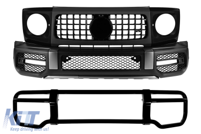 Kit bara fata A Design tip G63 cu bullbar lacuit negru potrivit pentru Mercedes G-Class W464 dupa 2018 cu PDC, grila, inele pentru faruri, extensii pentru aripi Performance AutoTuning