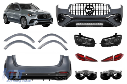Un pachet de design tip GLE53 potrivit pentru Mercedes GLE SUV W167 2018-2023 cu bara spate, faruri LED și stopuri LED Performance AutoTuning
