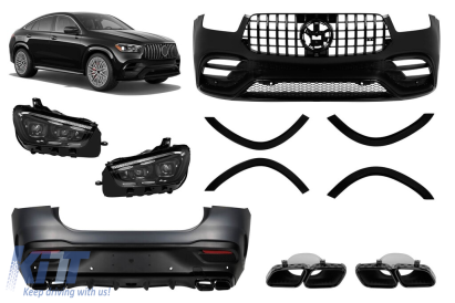 Pachetul de design GLE63 A potrivit pentru Mercedes GLE Coupe C167 2020-2023 cu garnitură neagră, grilă neagră, țevi de eșapament negre și faruri LED Performance AutoTuning