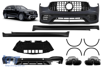 Un pachet de design tip 63 potrivit pentru Mercedes GLC SUV X253 2020-2022 cu praguri laterale și ieșiri de evacuare negre Performance AutoTuning