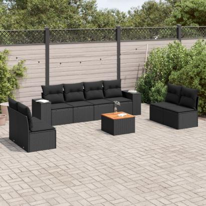 Set mobilier de grădină cu perne, 9 piese, negru, poliratan GartenMobel Dekor