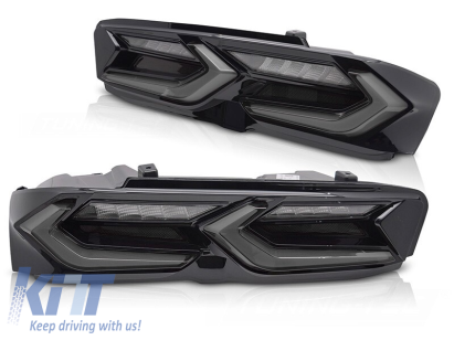 Set de stopuri LED de tuning potrivit pentru Chevrolet Camaro 2019-2023, cu semnalizator dinamic, bază fumurie neagră, stânga și dreapta Performance AutoTuning
