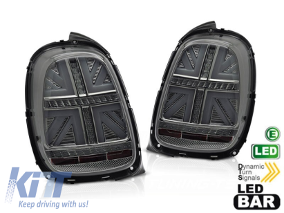 Set de stopuri LED potrivit pentru Mini Cooper F55 hatchback 5 uși 2012-2017, F56 hatchback 3 uși, F57 cabrio 2014-2017 cu bază complet fumurie, pentru conector cu 6 pini, semnalizare dinamică stânga Performance AutoTuning