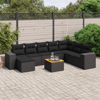 Set mobilier de grădină cu perne, 9 piese, negru, poliratan GartenMobel Dekor