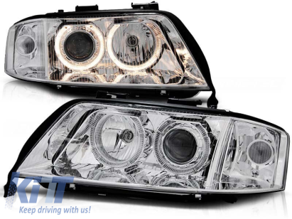 Set de faruri tuning cu ochi de înger halogen, potrivit pentru Audi A6 C5 06.2001-05.2004 sedan/combinate, stânga și dreapta Performance AutoTuning