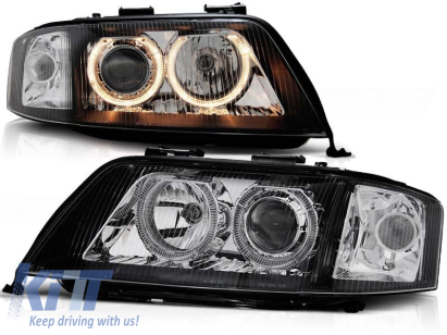 Set de faruri tuning cu ochi de înger halogen potrivit pentru Audi A6 C5 06.2001-05.2004 sedan/combinate, stânga și dreapta Performance AutoTuning