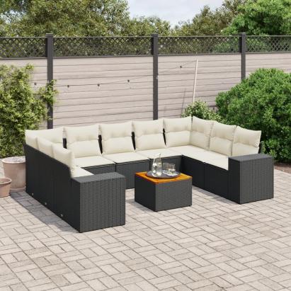 Set canapele de grădină cu perne, 10 piese, negru, poliratan GartenMobel Dekor