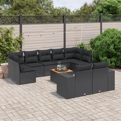 Set canapele de grădină cu perne, 10 piese, negru, poliratan GartenMobel Dekor
