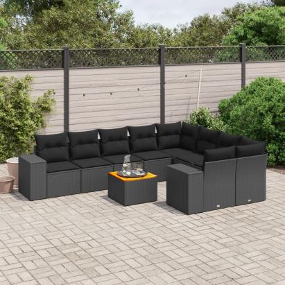 Set canapele de grădină cu perne, 10 piese, negru, poliratan GartenMobel Dekor