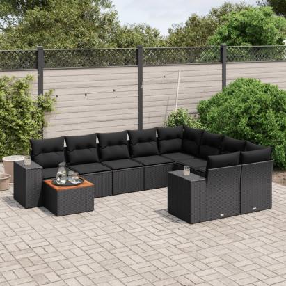 Set canapele de grădină cu perne, 10 piese, negru, poliratan GartenMobel Dekor