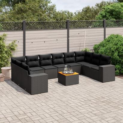 Set canapele de grădină cu perne, 11 piese, negru, poliratan GartenMobel Dekor