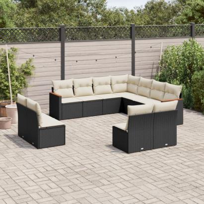 Set canapele de grădină cu perne, 11 piese, negru, poliratan GartenMobel Dekor