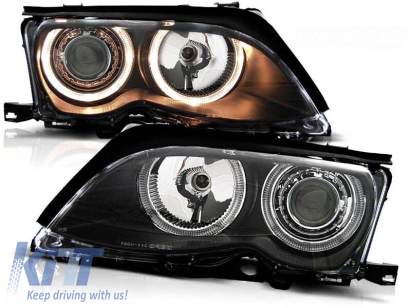 Kit de faruri tuning cu ochi de înger halogen potrivit pentru BMW 3 E46 09.2001-03.2005 sedan/combinate, stânga și dreapta Performance AutoTuning