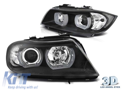 Set de faruri tuning potrivit pentru BMW Seria 3 E90, E91 2005-2008 cu bază neagră, stânga și dreapta Performance AutoTuning