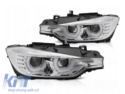 Set de faruri LED de tuning potrivit pentru BMW Seria 3 F30 sedan, F31 touring 10.2011-05.2015 cu bază cromată, stânga și dreapta Performance AutoTuning