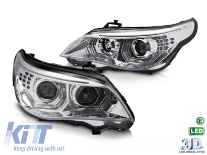 Kit de faruri tuning cu ochi de înger LED 3D, potrivit pentru BMW Seria 5 E60 sedan, E61 touring 2003-2007 cu bază cromată, stânga și dreapta, pentru modelul cu faruri halogen. Performance AutoTuning