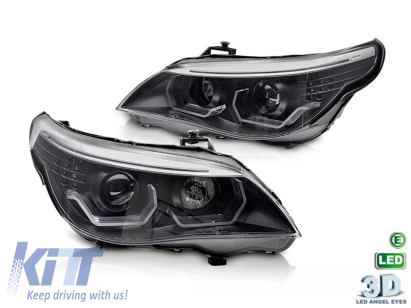 Kit de faruri tuning cu ochi de înger LED 3D, potrivit pentru BMW Seria 5 E60 sedan, E61 touring 2003-2007 cu bază neagră, stânga și dreapta, pentru modelul cu faruri halogen. Performance AutoTuning