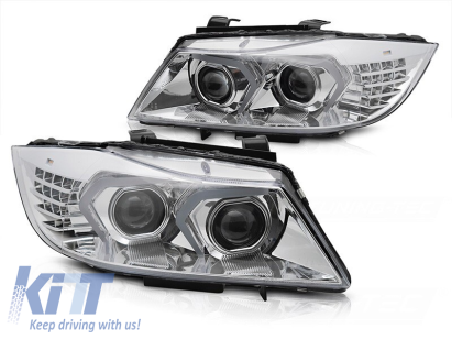 Kit de faruri xenon potrivit pentru BMW Seria 3 E90 sedan, E91 touring LCI 2009-2011 cu bază cromată Performance AutoTuning
