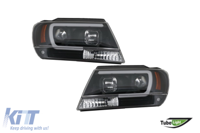 Set de faruri de tuning potrivit pentru Jeep Grand Cherokee 1999-2005 cu bază neagră, stânga și dreapta Performance AutoTuning