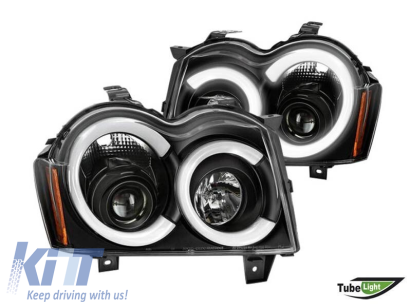 Set de faruri de tuning cu lumini LED potrivit pentru Jeep Grand Cherokee 2005-2008 cu bază neagră, stânga și dreapta Performance AutoTuning
