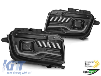 Set de faruri de tuning potrivit pentru Chevrolet Camaro 2009-2013 bază neagră cu semnal de întoarcere dinamic, stânga și dreapta Performance AutoTuning