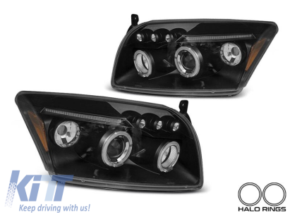 Kit de faruri tuning cu ochi de înger potrivit pentru Dodge Caliber 2006-2012 cu bază neagră, stânga și dreapta Performance AutoTuning