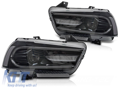 Set de faruri LED de tuning potrivit pentru Dodge Charger 2011-2015 cu bază neagră, cu semnalizatoare dinamice, pentru modelul cu lumini DRL din fabrică, stânga și dreapta Performance AutoTuning