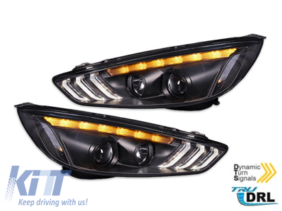 Set de faruri de tuning potrivit pentru Ford Focus MK3 2015-2018 cu bază neagră, stânga și dreapta Performance AutoTuning
