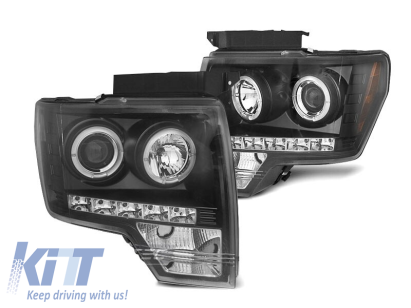 Set de faruri de tuning cu ochi de înger halogen potrivit pentru Ford F150 2008-2014 cu bază neagră, stânga și dreapta Performance AutoTuning