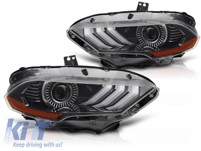 Kit de faruri LED de tuning potrivit pentru Ford Mustang 2018-2021 cu bază neagră, cu semnalizatoare dinamice, lumini DRL RGB pentru modelul cu lumini DRL de fabrică, stânga și dreapta Performance AutoTuning