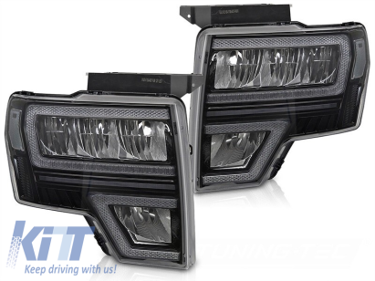 Set de faruri LED de tuning potrivit pentru Ford F150 2008-2014 cu bază neagră, pentru modelul cu lumini DRL din fabrică, cu semnalizatoare dinamice, cu funcția "Bun venit", stânga și dreapta Performance AutoTuning