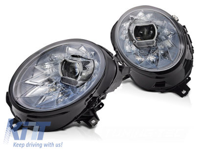 Set de faruri LED de tuning potrivit pentru Mini Cooper F54 Clubman 2015-2019, F55, F56 hatchback 2014-2021 cu bază cromată, pentru modelele cu lumini halogen din fabrică, cu semnale dinamice, cu func Performance AutoTuning