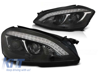 Set de faruri de tuning potrivit pentru Mercedes S-Class W221 2005-2009 cu bază neagră, stânga și dreapta Performance AutoTuning