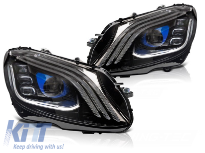 Set de faruri LED de tuning potrivit pentru Mercedes C-Class W205 sedan, S205 break 2014-2021 cu bază neagră, cu semnalizatoare dinamice, cu funcția "Bun venit", stânga și dreapta Performance AutoTuning