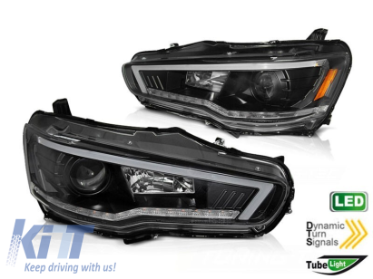 Set de faruri tuning potrivit pentru Mitsubishi Lancer 2008-2016 bază neagră cu semnal de întoarcere dinamic, stânga și dreapta Performance AutoTuning