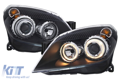 Set de faruri tuning cu ochi de înger potrivit pentru Opel Astra H 2004-2009 sedan, break cu bază neagră, stânga și dreapta Performance AutoTuning