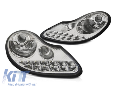 Set de faruri tuning cu DRL potrivit pentru Porsche Boxster 986, 911 Carrera 996 1996-2001 cu bază cromată, stânga și dreapta Performance AutoTuning