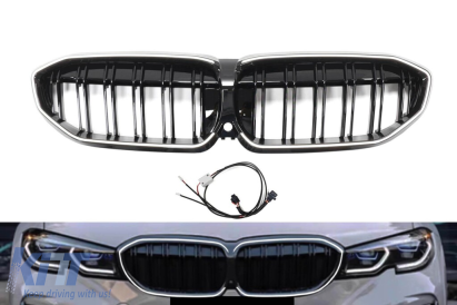 Grile de rinichi iluminate stil Iconic Glow cu fante duble potrivite pentru BMW Seria 3 G20, G21 2019-2022, negru lucios Performance AutoTuning