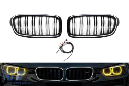 Grile rinichi iluminate stil Iconic Glow cu fante duble potrivite pentru BMW Seria 3 F30, F31 2012-2019, negru lucios Performance AutoTuning