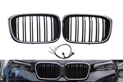 Grile de rinichi iluminate stil Iconic Glow cu fante duble potrivite pentru BMW X3 G01 2018-2022, negru lucios Performance AutoTuning