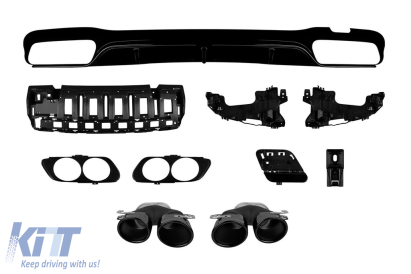Difuzor tip E53 cu capace negre potrivit pentru bara spate A Design a Mercedes E-Class W213 sedan după 2016 -oo--oo-, cu garnitură neagră Performance AutoTuning