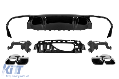 Difuzor tip E63 GT cu capete cromate potrivit pentru bara spate A Design la Mercedes E-Class W213 după 2020 -oo--oo-, garnitură neagră Performance AutoTuning