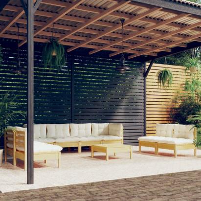 Set mobilier grădină cu perne crem, 9 piese, lemn de pin GartenMobel Dekor