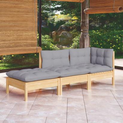 Set mobilier grădină cu perne, 3 piese, gri, lemn masiv pin GartenMobel Dekor