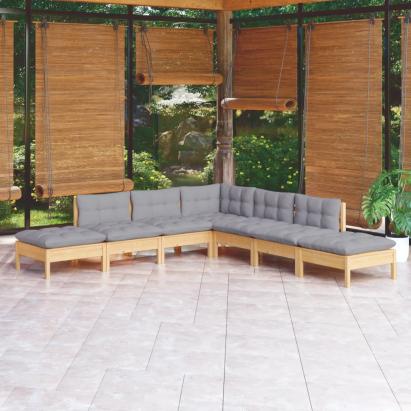 Set mobilier grădină cu perne gri, 7 piese, lemn masiv de pin GartenMobel Dekor
