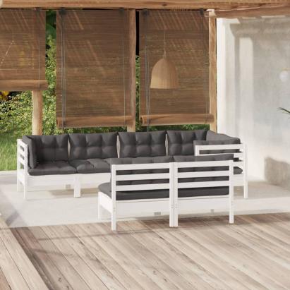 Set mobilier grădină cu perne, 7 piese, alb, lemn masiv de pin GartenMobel Dekor
