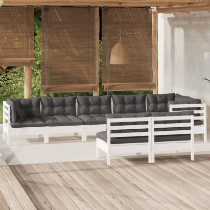 Set mobilier de grădină cu perne, 8 piese, alb, lemn masiv pin GartenMobel Dekor
