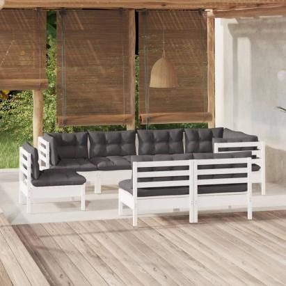 Set mobilier de grădină cu perne, 8 piese, alb, lemn masiv pin GartenMobel Dekor