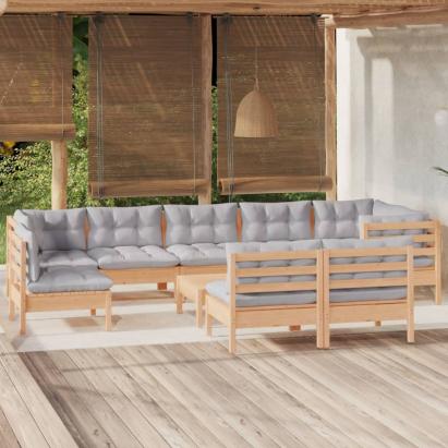 Set mobilier grădină cu perne, 10 piese, gri, lemn masiv pin GartenMobel Dekor